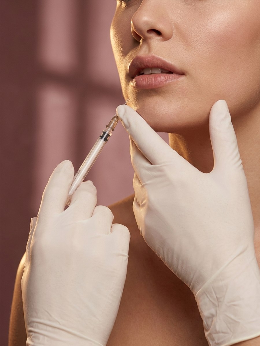 Gloved hands holding a fine syringe beside a client's cheek during an injectable treatment
